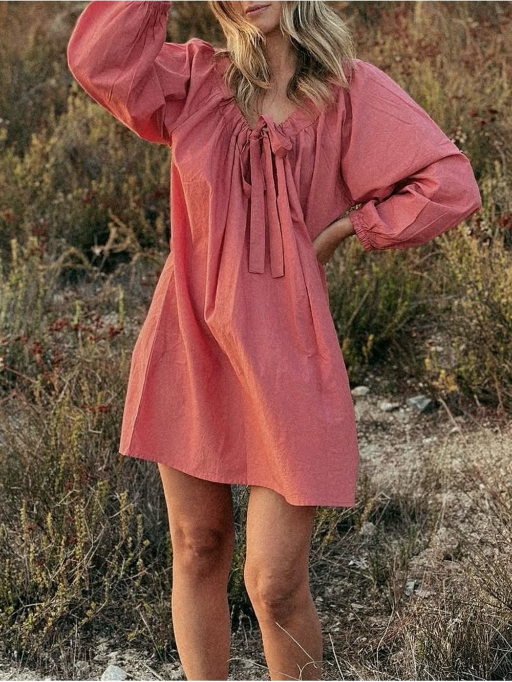 Women’s Mini Peasant Dress in lipstick pink with Tie Neck